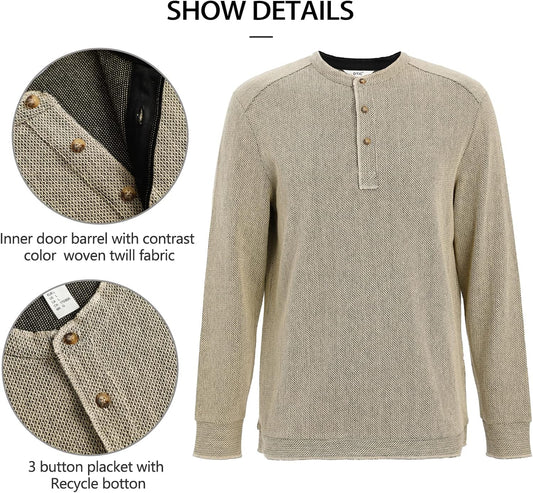 OTIC Men's Henley Shirt Long Sleeve US Cotton Chain Textured Jacquard