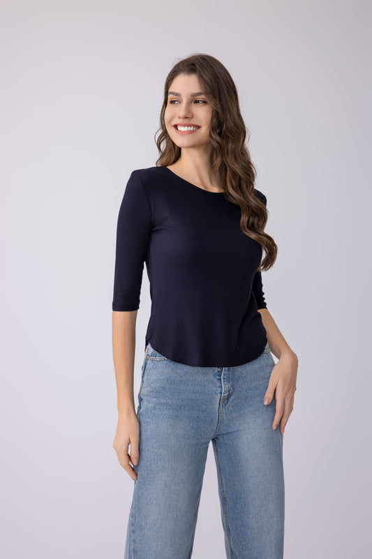 Women's Crew Neck 3/4 Sleeves Arc Bottom Pendulum Soft Ribbed Casual Top Tee SUATAINABLE Viscose/Spandex Blend