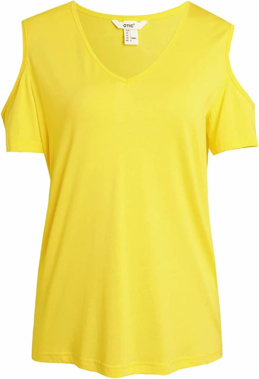Women's V-Neck Cold Shoulder Short Sleeve Summer Magic Casual Super Soft and Comfortable Top Tee Modal/Viscose Blend