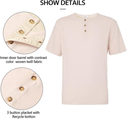 Men's Henley Opening Placket Button Short Sleeve Casual Top Sustainable Recycle Cotton
