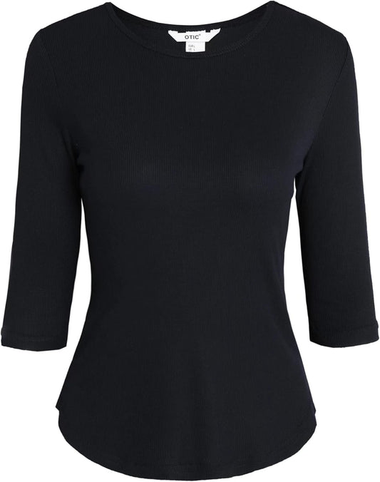 Women's Crew Neck 3/4 Sleeves Arc Bottom Pendulum Soft Ribbed Casual Top Tee SUATAINABLE Viscose/Spandex Blend