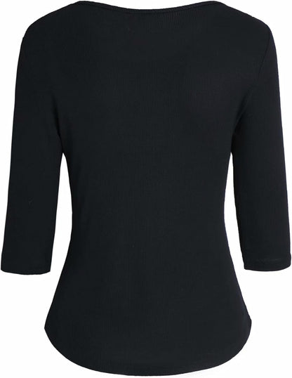 Women's Crew Neck 3/4 Sleeves Arc Bottom Pendulum Soft Ribbed Casual Top Tee SUATAINABLE Viscose/Spandex Blend
