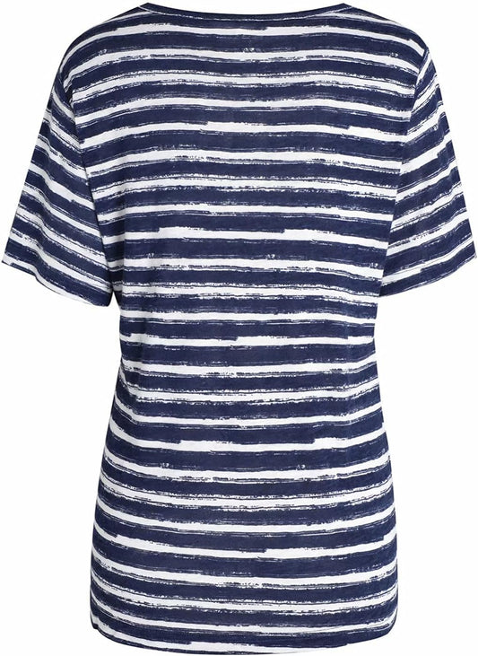 OTIC Womens Stripe Crew Neck Short Sleeve Lino Uneven Print Casual Summer Top Tee “Viscose/Linen Blend