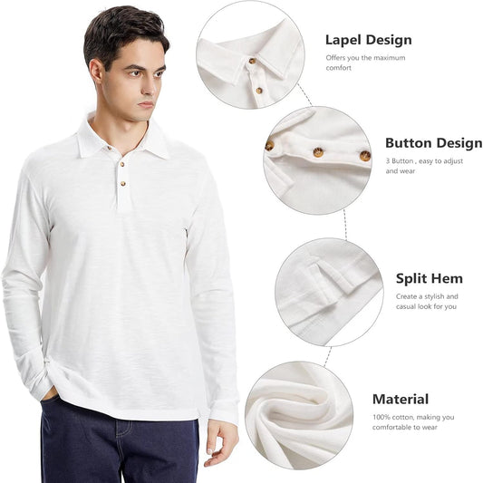 OTIC Long Sleeve Polo Shirts for Men: Long Sleeve Cotton Polo Shirts Golf Casual Long Sleeve Polo with Collar Button Down