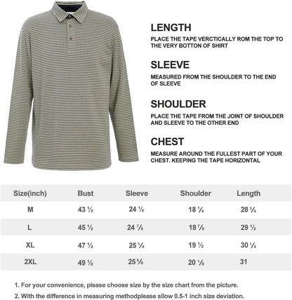 Men's Polo Shirt Long Sleeve Opening Placket Button Premium Check Jacquard Sustainable Cotton Cotton USA