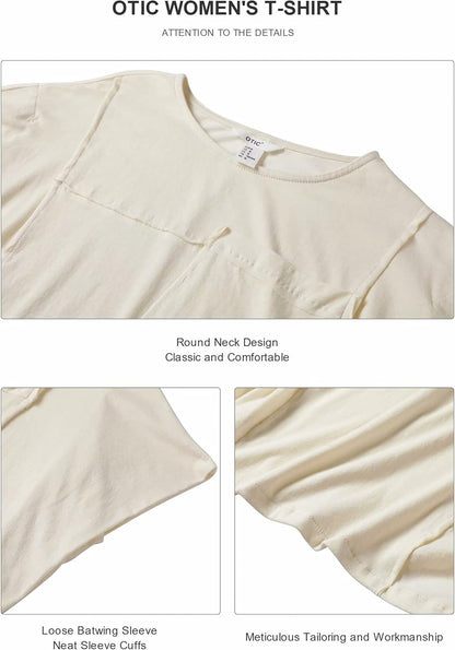 OTIC Crew Neck Raglan Sleeve Pocket Sustainable Cotton Lightweight and Soft Tee Shirt for Women “Cotton USA