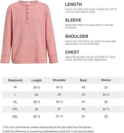 OTIC Men's Long Sleeve Shirt：Loose Fit Waffle Henley Casual Front Placket Four Botton Henley T Shirt