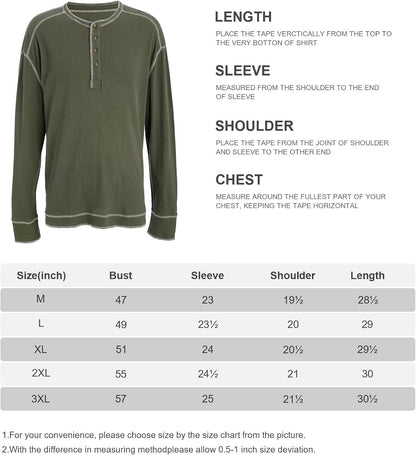 OTIC Men's Cotton Long Sleeve T Shirt : Waffle Textured Henley Opening Placket Button Loose Casual Shirt Green