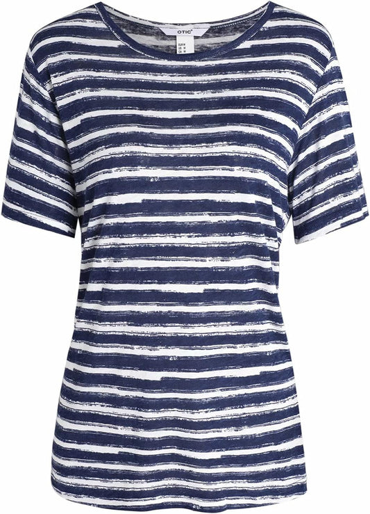 OTIC Womens Stripe Crew Neck Short Sleeve Lino Uneven Print Casual Summer Top Tee “Viscose/Linen Blend
