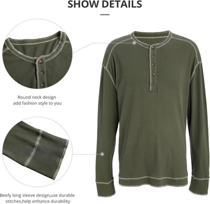 OTIC Men's Cotton Long Sleeve T Shirt : Waffle Textured Henley Opening Placket Button Loose Casual Shirt Green