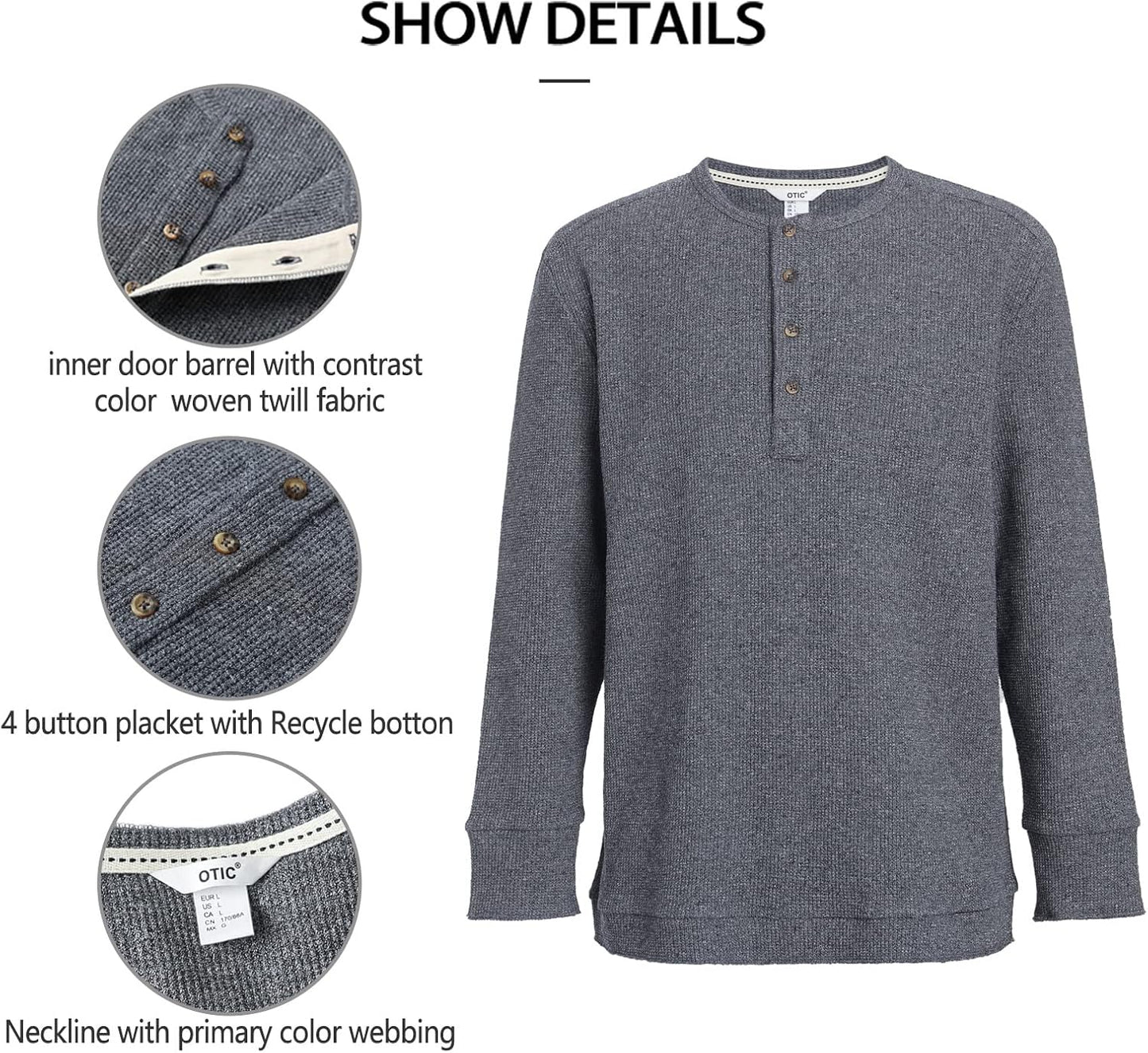OTIC Men's Waffle Henley Shirt Long Sleeve Sustainable US Cotton Cotton USA