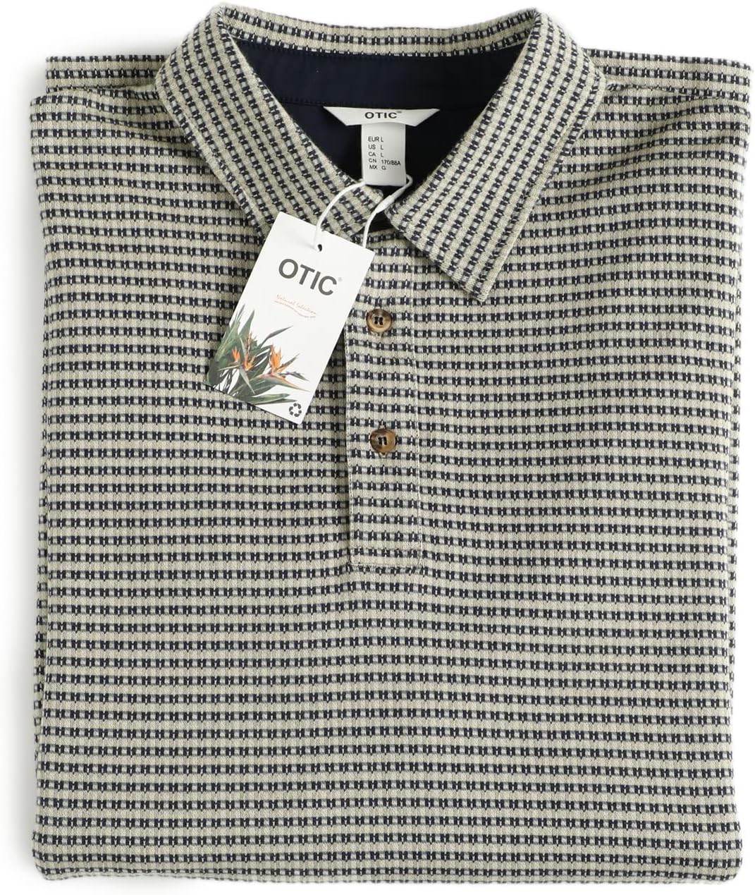 Men's Polo Shirt Long Sleeve Opening Placket Button Premium Check Jacquard Sustainable Cotton Cotton USA