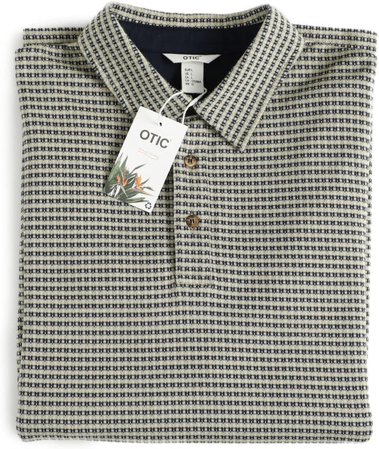 Men's Polo Shirt Long Sleeve Opening Placket Button Premium Check Jacquard Sustainable Cotton Cotton USA