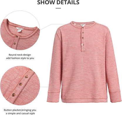 OTIC Men's Long Sleeve Shirt：Loose Fit Waffle Henley Casual Front Placket Four Botton Henley T Shirt