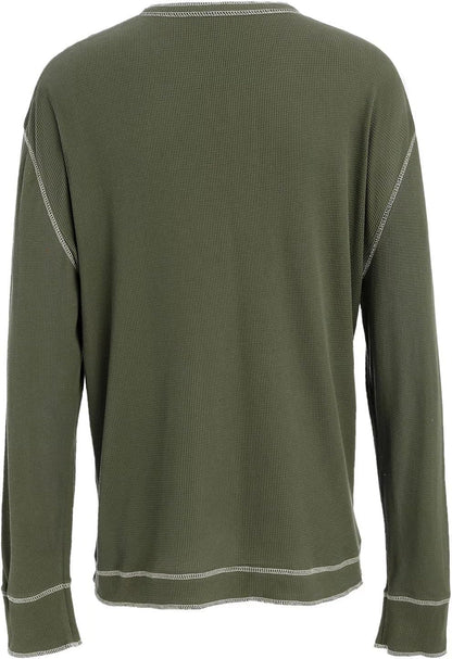 OTIC Men's Cotton Long Sleeve T Shirt : Waffle Textured Henley Opening Placket Button Loose Casual Shirt Green