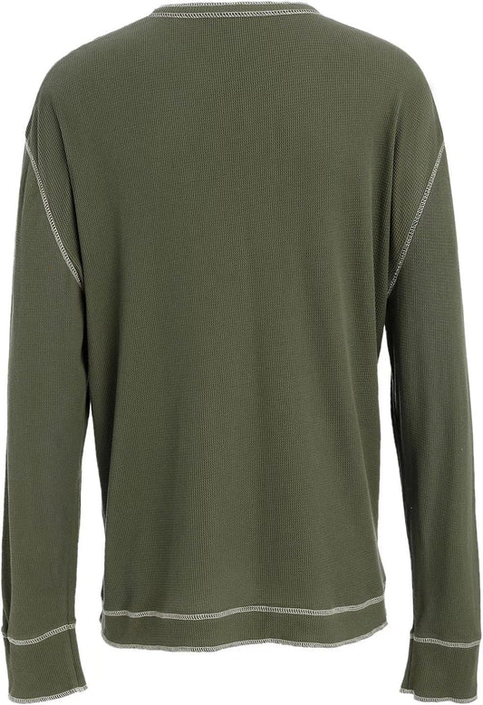 OTIC Men's Cotton Long Sleeve T Shirt : Waffle Textured Henley Opening Placket Button Loose Casual Shirt Green