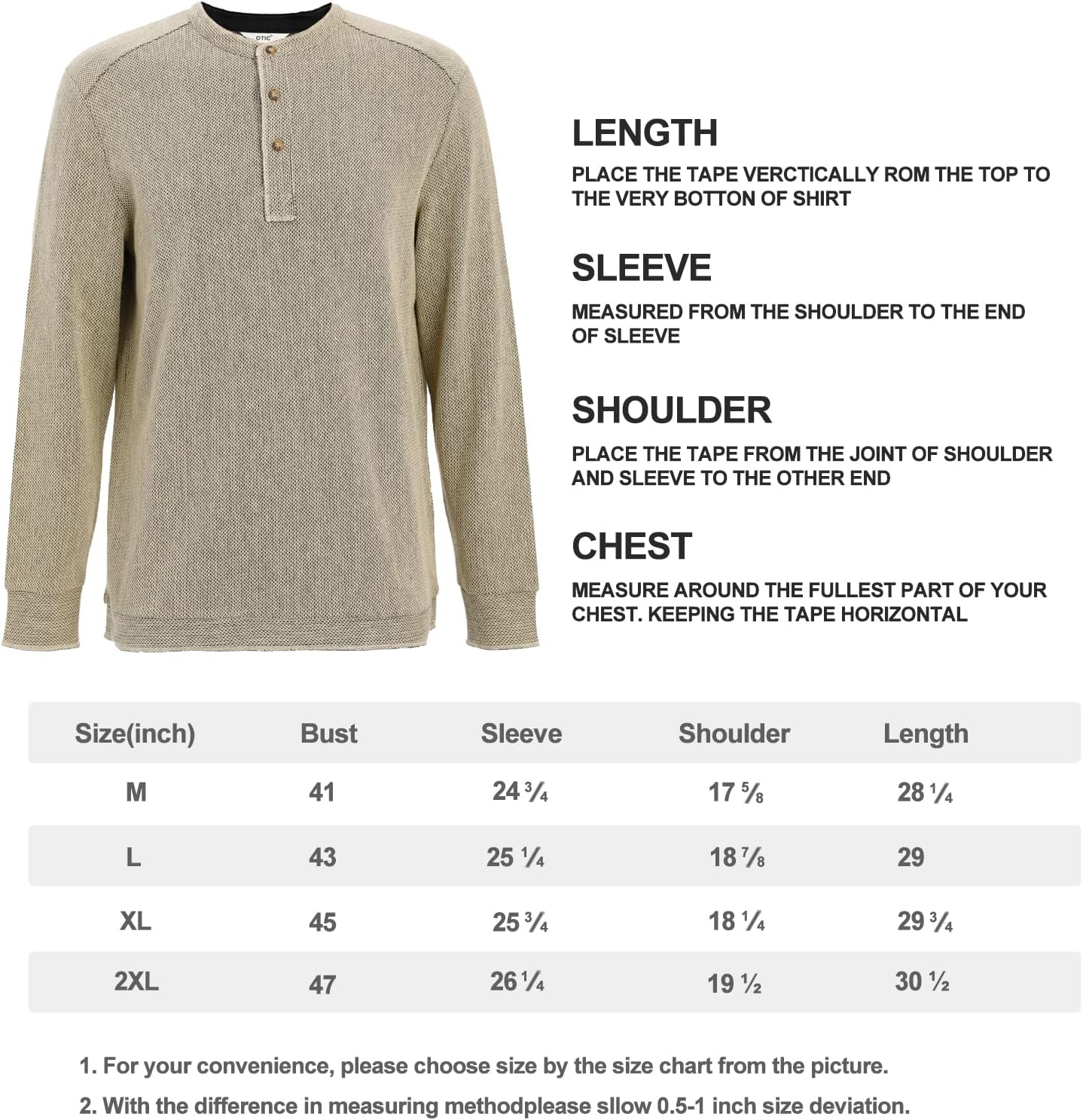 OTIC Men's Henley Shirt Long Sleeve US Cotton Chain Textured Jacquard