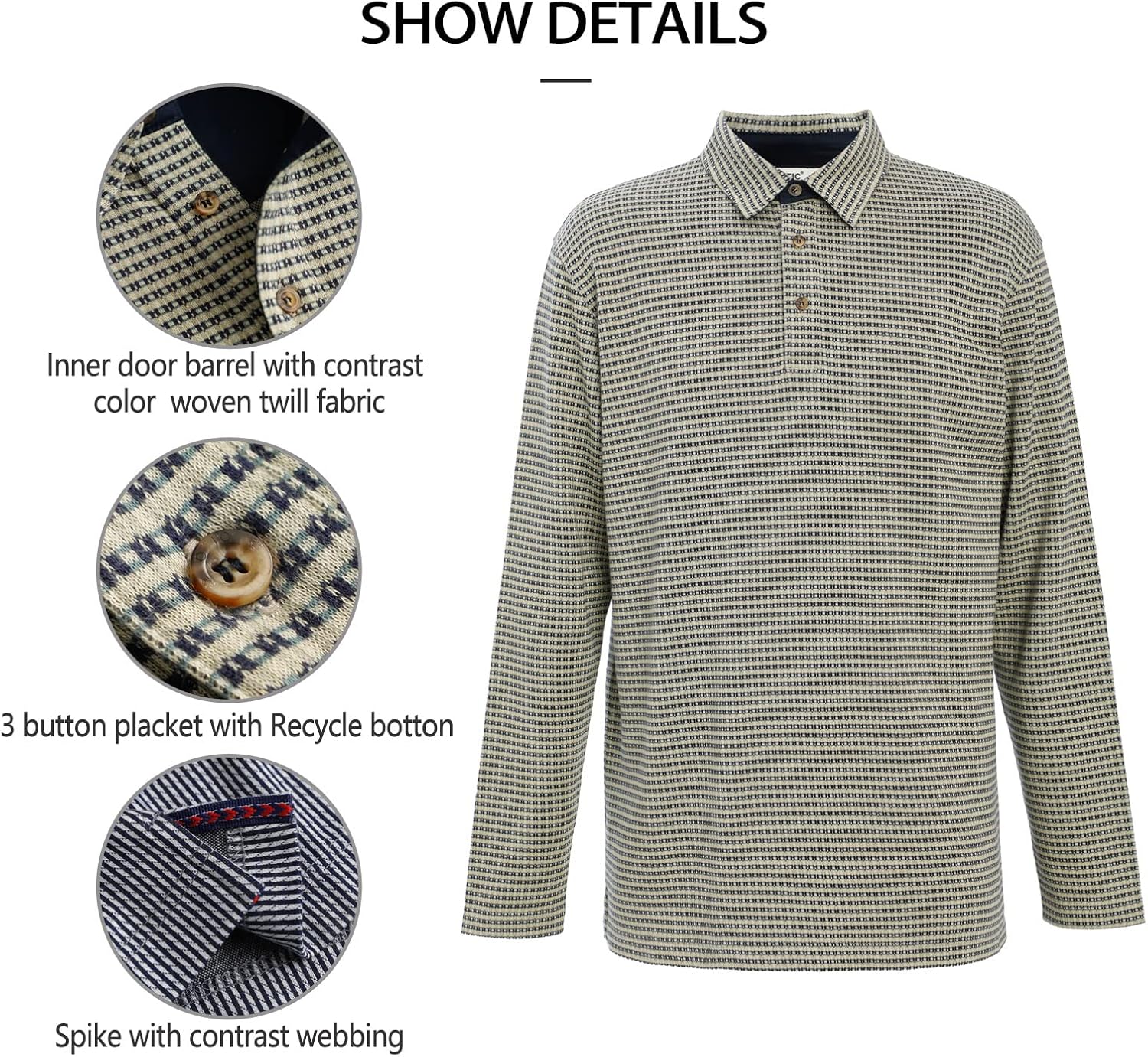 Men's Polo Shirt Long Sleeve Opening Placket Button Premium Check Jacquard Sustainable Cotton Cotton USA