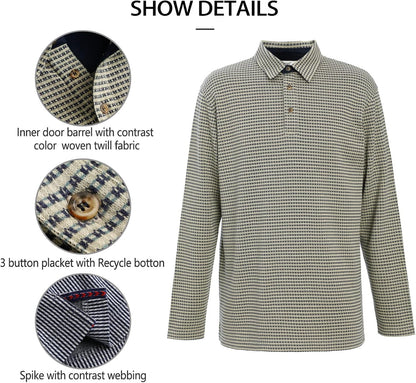 Men's Polo Shirt Long Sleeve Opening Placket Button Premium Check Jacquard Sustainable Cotton Cotton USA