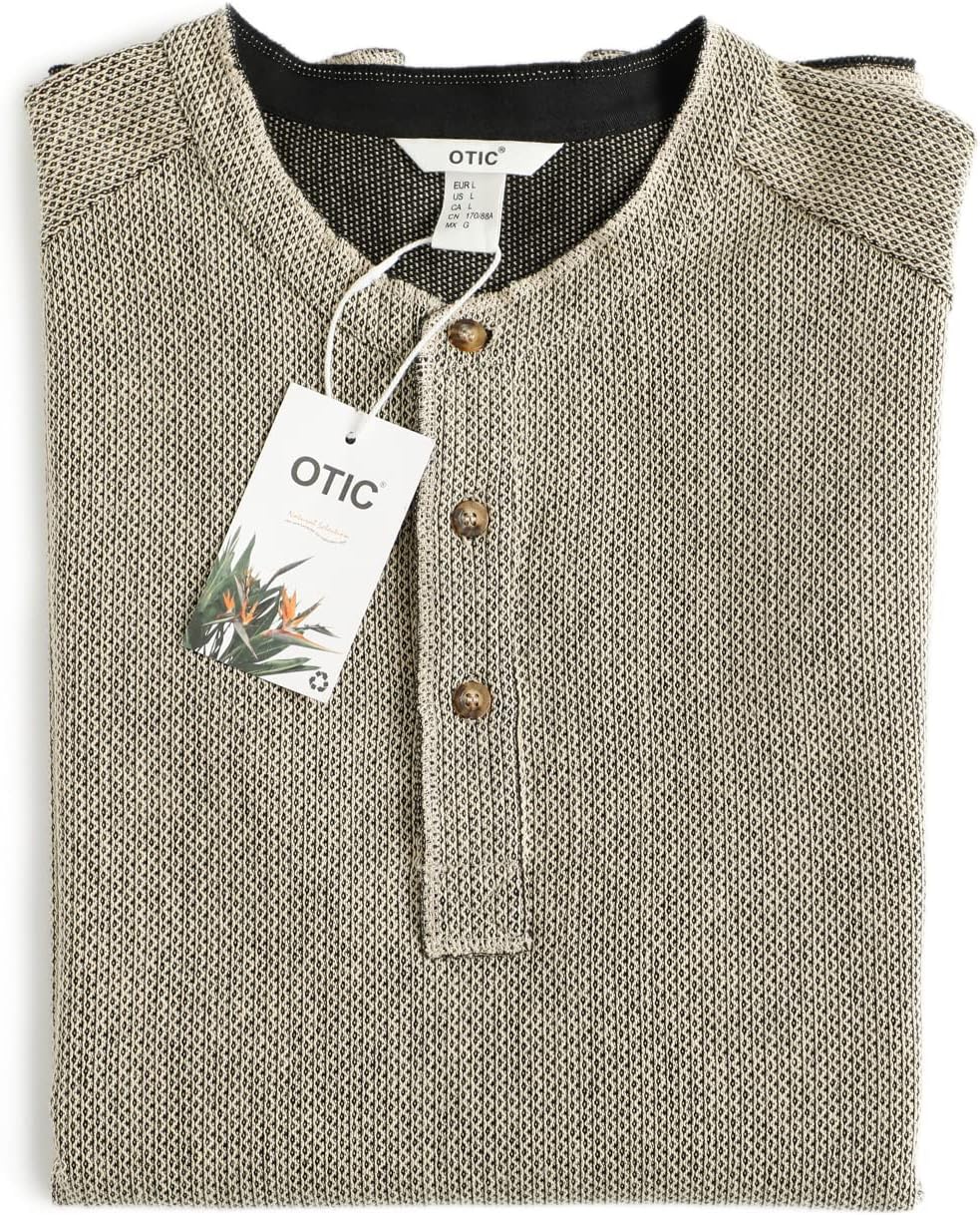 OTIC Men's Henley Shirt Long Sleeve US Cotton Chain Textured Jacquard