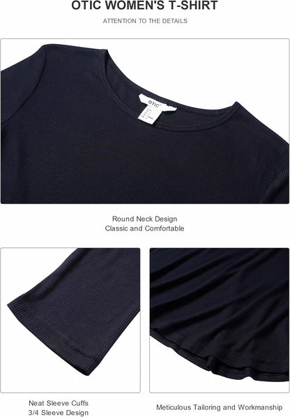 Women's Crew Neck 3/4 Sleeves Arc Bottom Pendulum Soft Ribbed Casual Top Tee SUATAINABLE Viscose/Spandex Blend