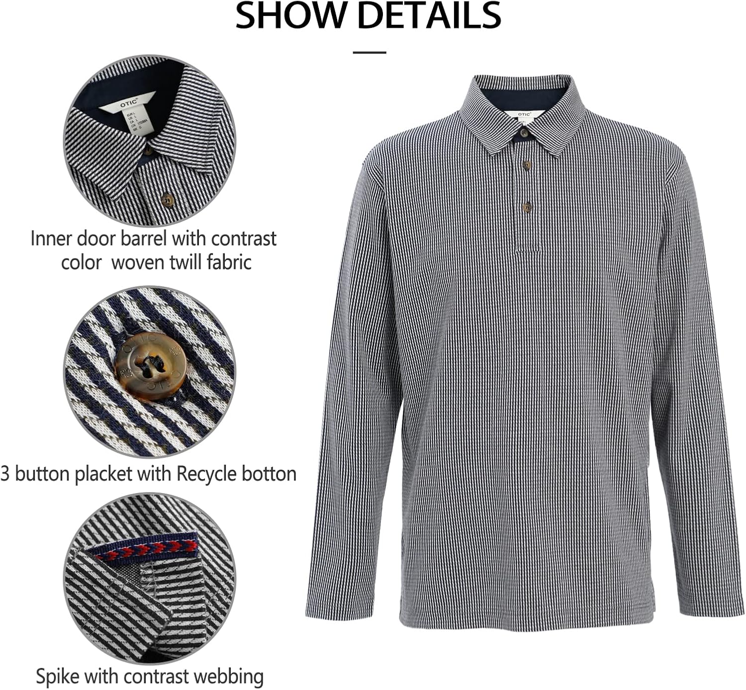 Men's Polo Shirt Long Sleeve Opening Placket Button Check Jacquard Sustainable Cotton Cotton USA