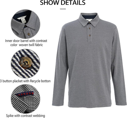 Men's Polo Shirt Long Sleeve Opening Placket Button Check Jacquard Sustainable Cotton Cotton USA