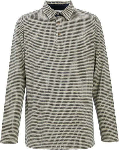 Men's Polo Shirt Long Sleeve Opening Placket Button Premium Check Jacquard Sustainable Cotton Cotton USA