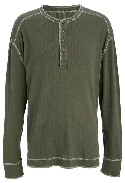 OTIC Men's Cotton Long Sleeve T Shirt : Waffle Textured Henley Opening Placket Button Loose Casual Shirt Green