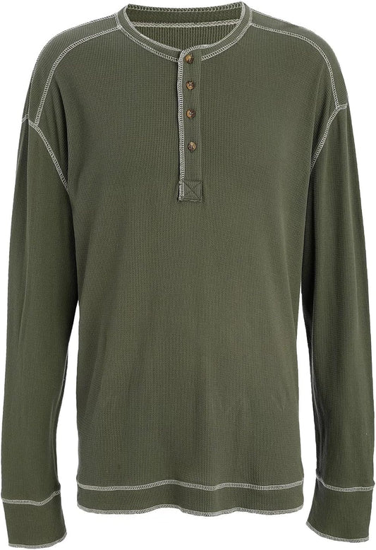 OTIC Men's Cotton Long Sleeve T Shirt : Waffle Textured Henley Opening Placket Button Loose Casual Shirt Green