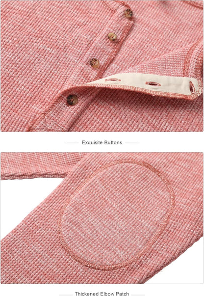 OTIC Men's Long Sleeve Shirt：Loose Fit Waffle Henley Casual Front Placket Four Botton Henley T Shirt