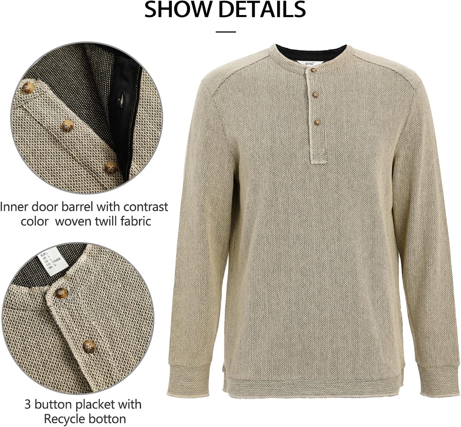 OTIC Men's Henley Shirt Long Sleeve US Cotton Chain Textured Jacquard