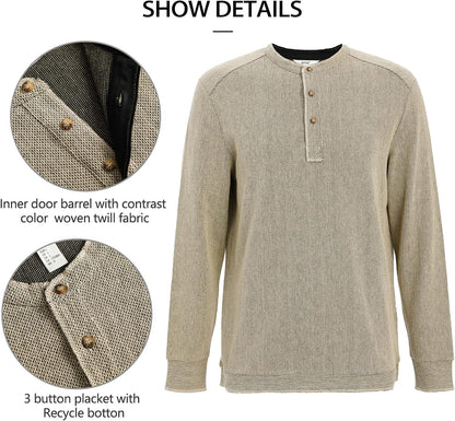 OTIC Men's Henley Shirt Long Sleeve US Cotton Chain Textured Jacquard